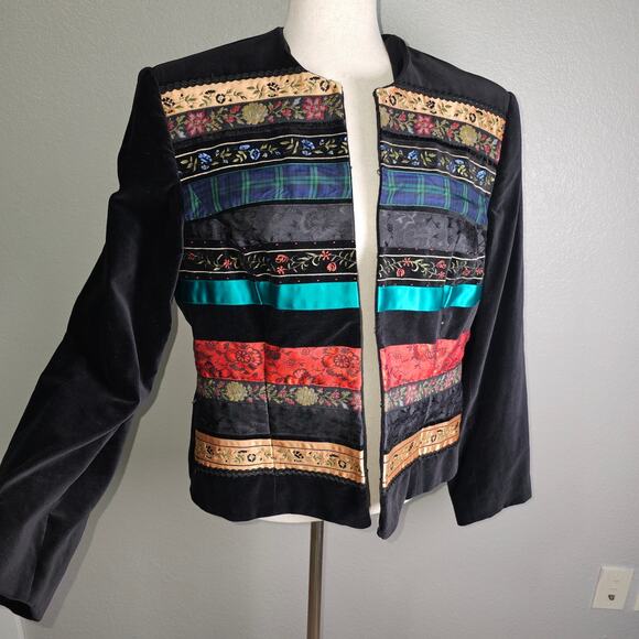 Suzanne Bristol Black Velvet Colorful Patchwork Jacket Size 14 Zip Up - Picture 1 of 11